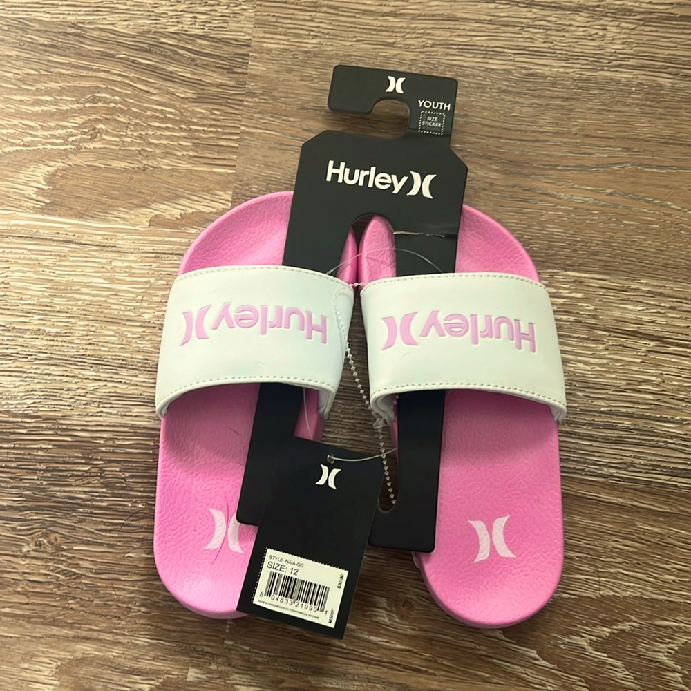 New with tags, Hurley, pink and white slides girls size 12, MSRP $30